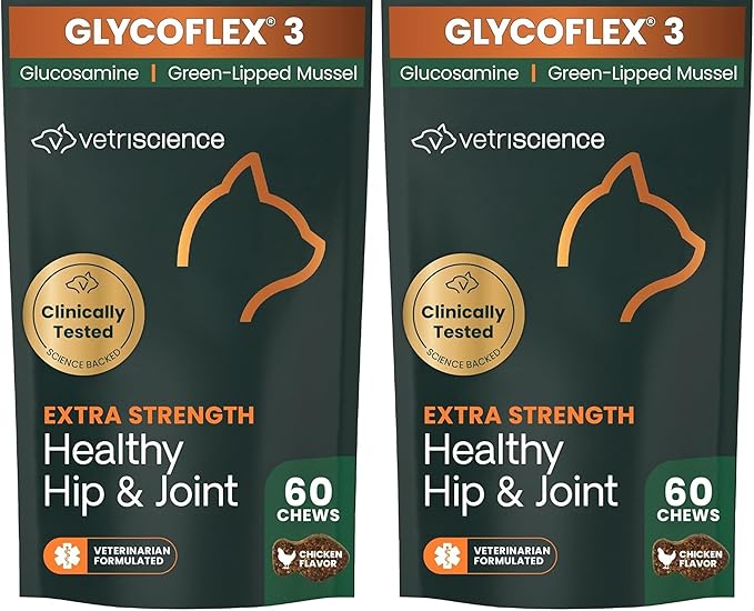 VetriScience Extra Strength Healthy Hip & Joint-Chews, GlycoFlex Glucosamine & Green-Lipped Mussel JointSupport Supplement, Promote Mobility & Soothe JointDiscomfort, Chicken,60 Count(Pack of 2)