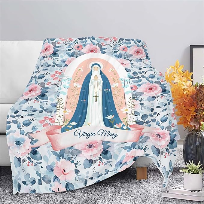 Virgin Mary Throw Blanket Christian Religious Scripture Catholic Spiritual Stuff Gifts for Adults Women Soft Cozy Warm Plush Fluffy Fuzzy Fleece Blanket Decor 50''X60''