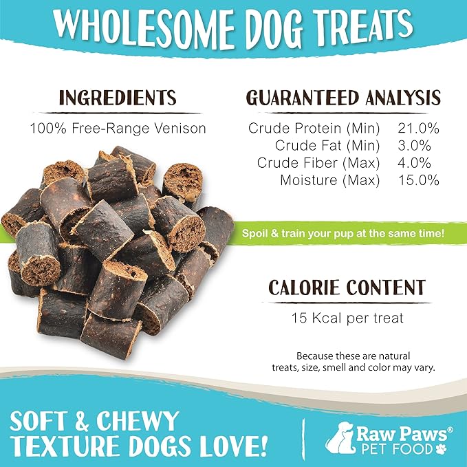 Raw Paws Wild-Caught Venison Dog Treats, 6-oz - Packed in USA - Real Meat Jerky - Single Ingredient Venison for Dogs