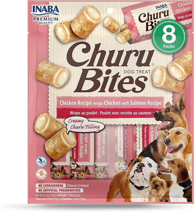 INABA Churu Bites for Dogs, Grain-Free, Soft/Chewy Baked Chicken Wrapped Churu Filled Dog Treats, 0.42 Ounces Each Tube | 8 Tubes Total