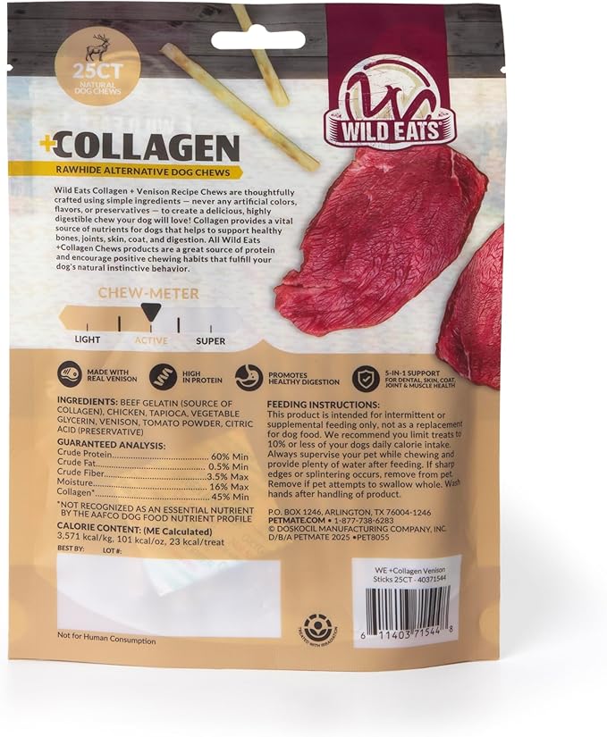Wild Eats Venison Collagen Sticks for Dogs (25 Pack, 0.6 cm Wide) Long Lasting Dog Chews No Hide Dog Treat Bully Stick Alternative, Rawhide Free, Grain Free, High Protein