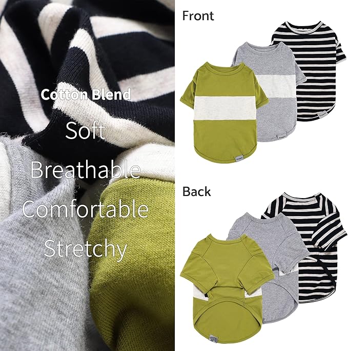 Fitwarm 3 Pack Color Block Striped Dog Shirt, Summer Dog Clothes for Small Dogs, Breathable Lightweight Pet Tshirt with Sleeves, Cat Outfit, Oliver Green, Grey, Black, Large