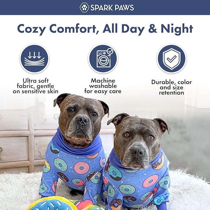Spark Paws Dog Pajama, Dog Recovery Suit Male, Onesie, Ultra-Soft and 4-Way Stretch, for Small Medium and Large Breeds - Donuts - L