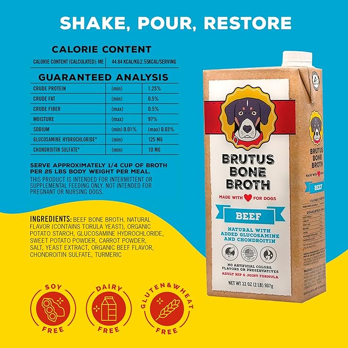 Brutus Bone Broth for Dogs | All Natural | Made in USA | Glucosamine & Chondroitin for Healthy Joints | Human Grade Ingredients | Hydrating Food Topper, Gravy & Treat Pack of 6