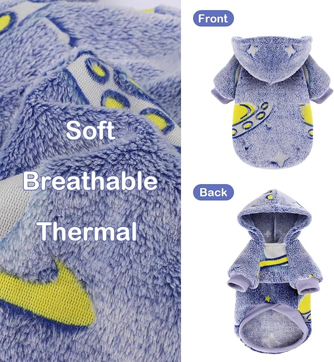 Dog Sweater for Small Dogs Girl Boy, Fleece Dog Hoodie Clothes, Night Glow Puppy Sweater, Soft Warm Extra Small Doggie Sweatshirt, Fall Winter Doggy Clothes Pet Outfits for Chihuahua Yorkie, Blue,XXS