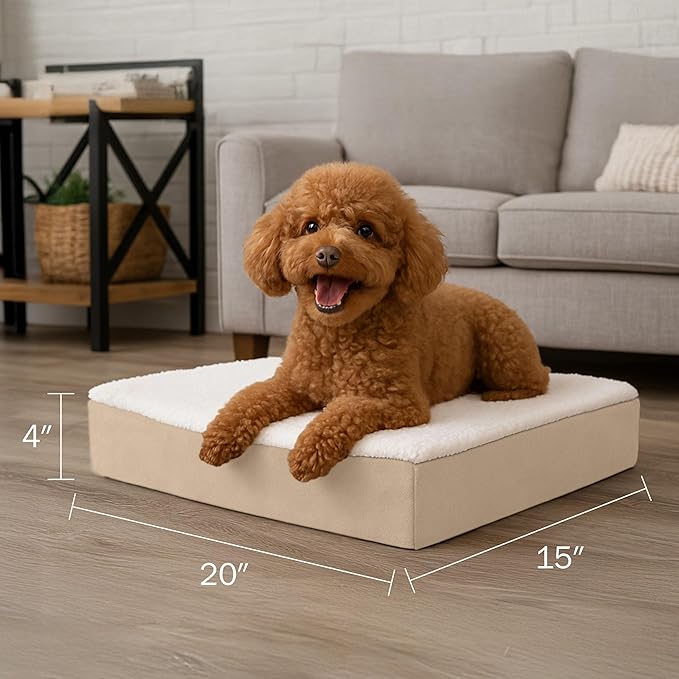 PETMAKER Orthopedic Dog Bed - 2-Layer Memory Foam Pet Bed with Machine Washable Sherpa Cover - 20x15 Pet Bed for Small Dogs up to 20lbs (Tan)