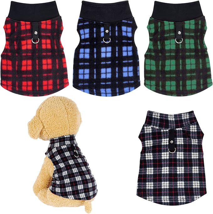 Rbenxia 4 Pieces Buffalo Plaid Dog Sweaters with Leash Ring Soft Fleece Vest Dog Pullover Warm Jacket Pet Dog Clothes Winter Dogs Outfits for Small Puppy Cat Pets (Small)