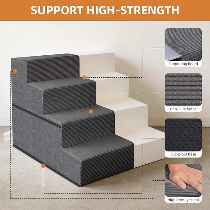 Dog Stairs for Small Dogs, 18" H, 4-Step Pet Steps for Beds or Couches, Non-Slip Balanced Pet Ramp for Medium Cats,Indoor Dog Ladder, Grey