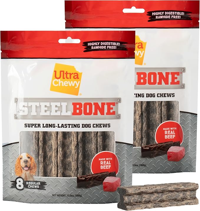Ultra Chewy Steel Bones Regular Size Beef Flavor - Super Long Lasting Dog Chews - Rawhide Free & Highly Digestible - Unique Shape Helps Clean Teeth - Ideal Dog Bones for Aggressive Chewers