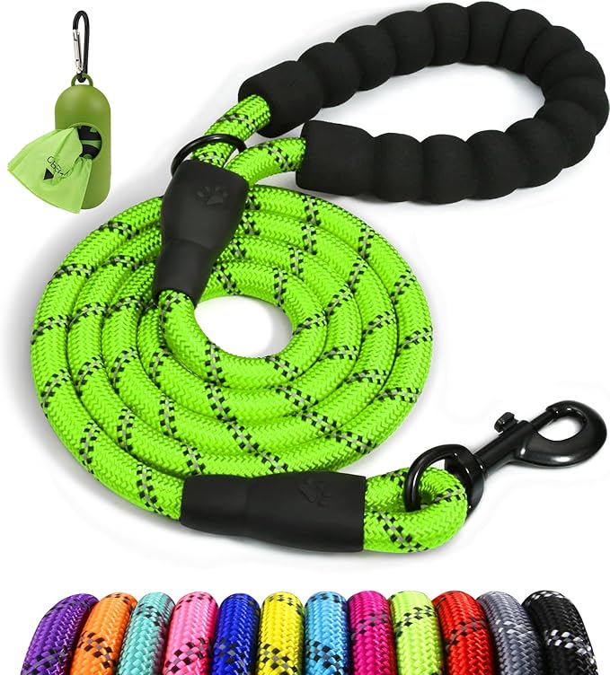 Taglory Rope Dog Leash 4 FT with Comfortable Padded Handle, Highly Reflective Threads Leash and Anti-Tangle Clip for Walking Small Dogs, 3/8 inch, Green