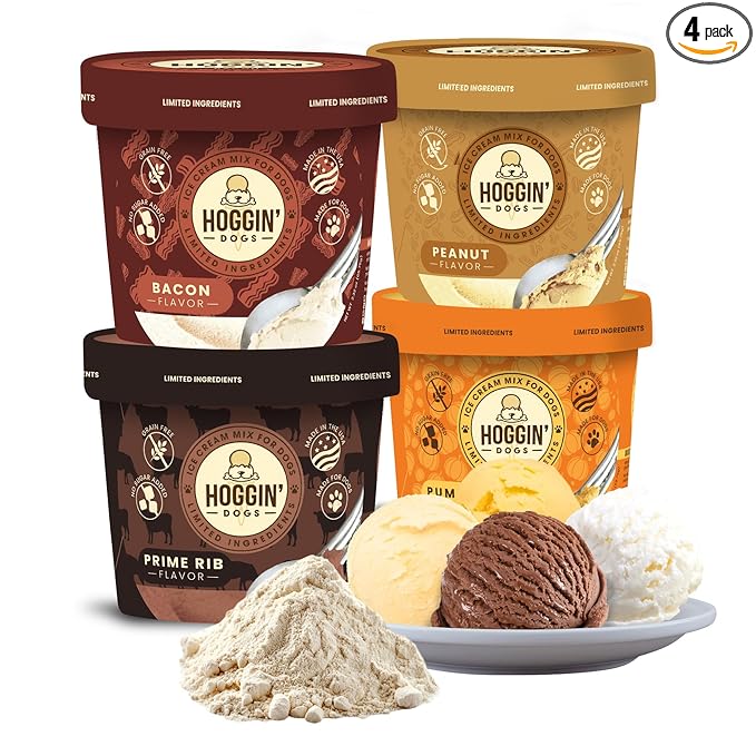 Hoggin Dogs Ice Cream Mix - Add Water and Freeze, All Natural, No Sugar Added, Made in USA by Puppy Cake 4 Pack Pumpkin, Bacon, Prime Rib and Peanut Flavors, 2.32 oz x 4