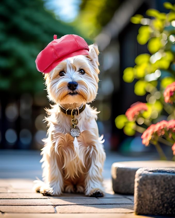 PET SHOW Dog Beret Hat for Small Dogs Cats Party Holiday Headband Cap French Leather Berets with Adjustable Chin Strap Cute Fashion Puppy Hats Pets Costumes Accessories(Red,S)