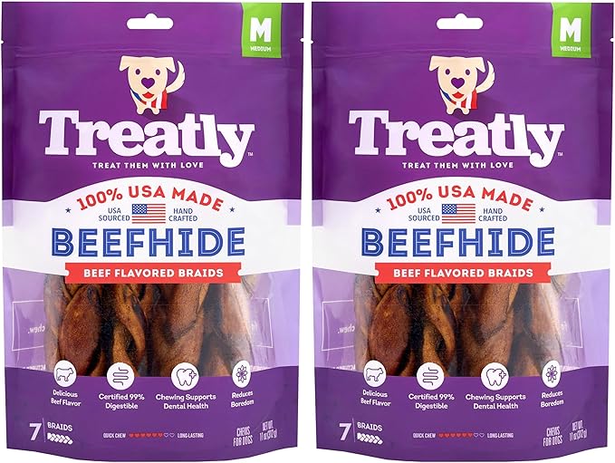 USA Beefhide Braids 7-8" Dog Chew Treats - Beef Flavor, 7 Count/2 Pack