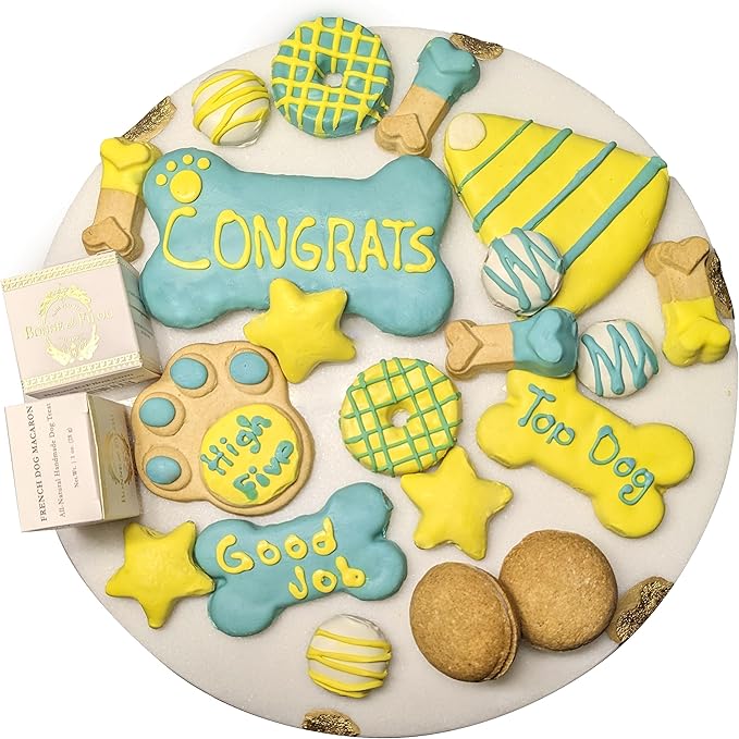 Bonne et Filou Congratulations Dog Treats, Gourmet Gift Box, 20 Luxury Human Grade Macarons, Truffles & Bone Cookies, Healthy Snacks for Medium to Large Dogs