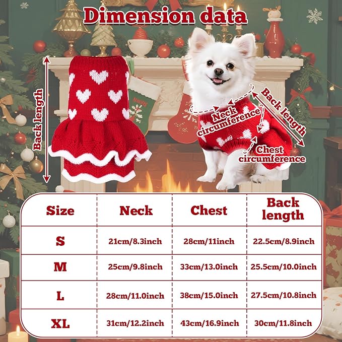 Dog Sweaters Heart Knitted Sweaters Dress Winter Coat Puppy Warm Holiday Clothes for Medium Dogs Cats Christmas New Year Valentine's Day （Medium, Red）