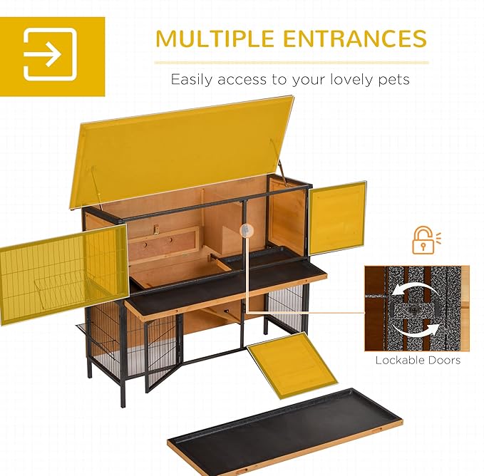 PawHut 48" 2-Story Large Rabbit Hutch Bunny Cage Wooden Pet House Metal Frame with Rooms, Ramp, No Leak Tray, Feeding Trough, Waterproof Asphalt Roof for Rabbits, Chickens, Ducks, Outdoor/Indoor