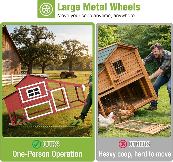 GUTINNEEN Chicken Coop with Wheels, Expandable Hen House Poultry Cage with Run, UV-Protected Roof, Divided Nesting Boxes, Easy One-Person Move, Ideal for 2 Adult Chickens or 4 Bantams, 72.3" L, Red