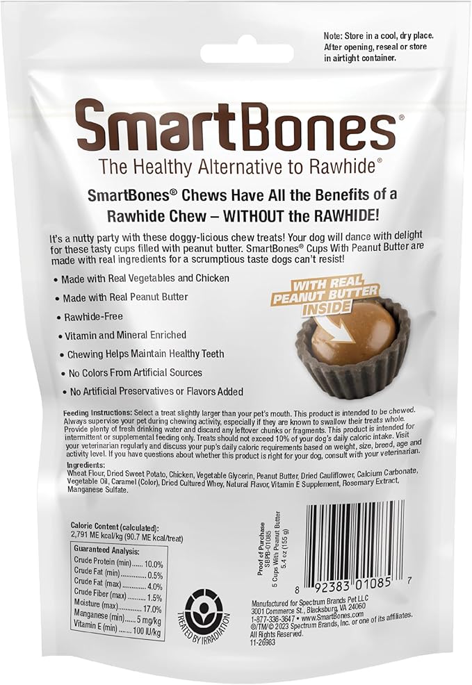 SmartBones Cups with Peanut Butter, Treat Your Dog to a Delicious Rawhide-Free Chew, 5 Count