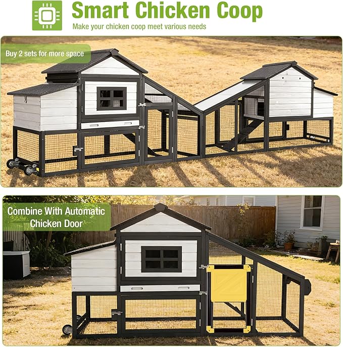 GUTINNEEN Chicken Coop with Wheels, Expandable Hen House Poultry Cage with Run, UV-Protected Roof, Divided Nesting Boxes, Easy One-Person Move, Ideal for 2 Adult Chickens or 4 Bantams, 72.3" L, White