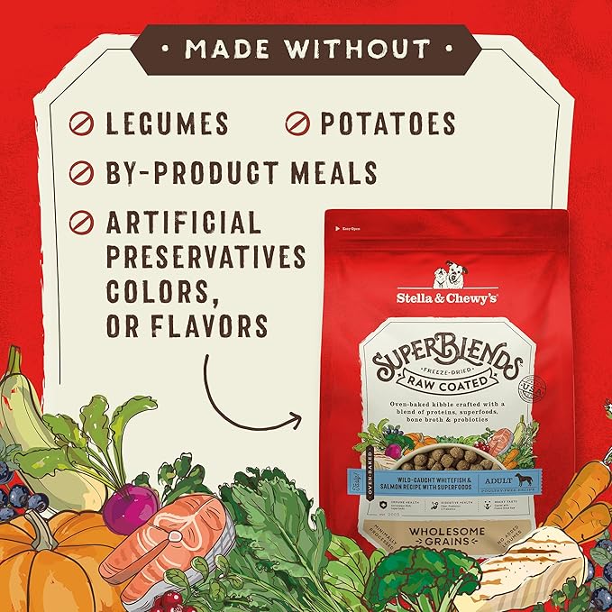Stella & Chewy's SuperBlends Raw Coated Wholesome Grains Wild-Caught Whitefish & Salmon Recipe with Superfoods, 3.5 lb. Bag