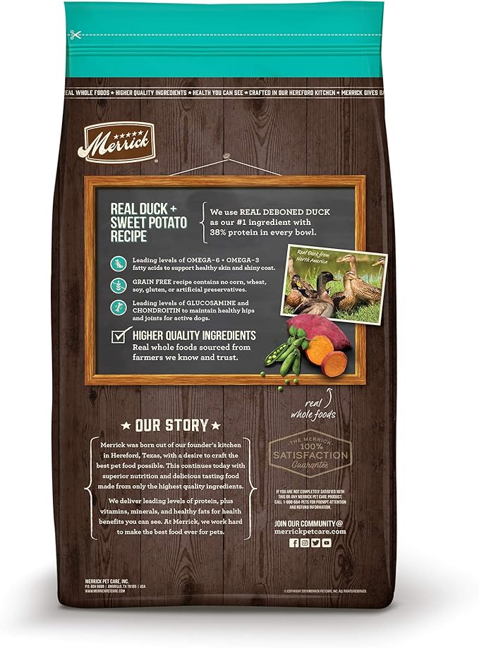 Merrick Premium Grain Free Dry Adult Dog Food, Wholesome and Natural Kibble with Real Duck and Sweet Potato - 22.0 lb. Bag