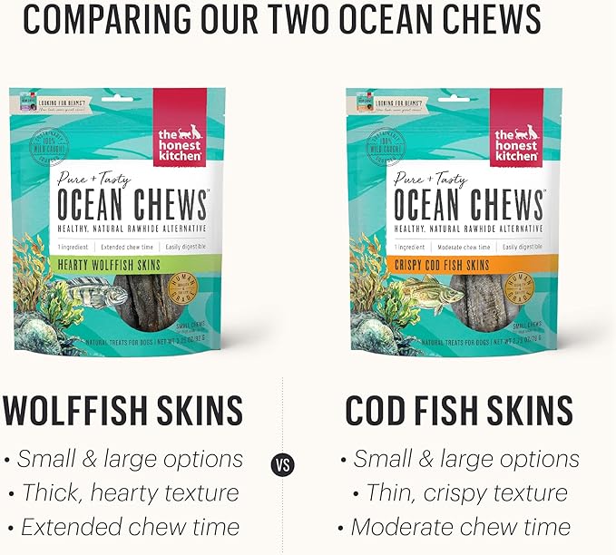 The Honest Kitchen Human Grade Ocean Chews™ Hearty Wolffish Skins Dog Treats,3.25 oz (Beams™),(Pack of 2)