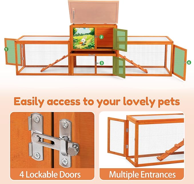 Outdoor Rabbit Hutch, 94" L x 19" W x 31" H Extra Large Bunny Hutch by COZIWOW, Wooden Rabbit Cage Indoor for Small Animals with Removable Tray & Weatherproof Roof, Orange