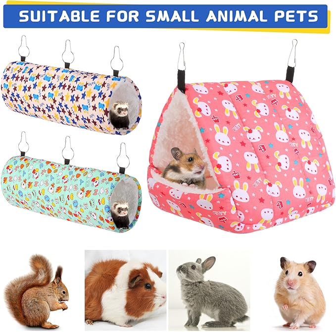 Abbylike 9 Pieces Rat Guinea Pig Hanging Hammock Ferret Cage Accessories Small Pet Hideout Tunnel Cave Hanging Hammock Hamster Toy Accessories for Ferret Hamster Chinchilla(Rabbit)