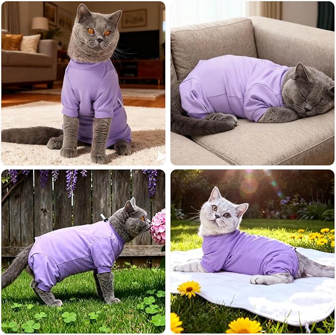 Dotoner Cat Recovery Suit After Surgery Spay Recovery Suit for Female Cats Soft Protective Clothing E-Collar Alternative for Wound Care Post Surgery Apparel(Purple-S)