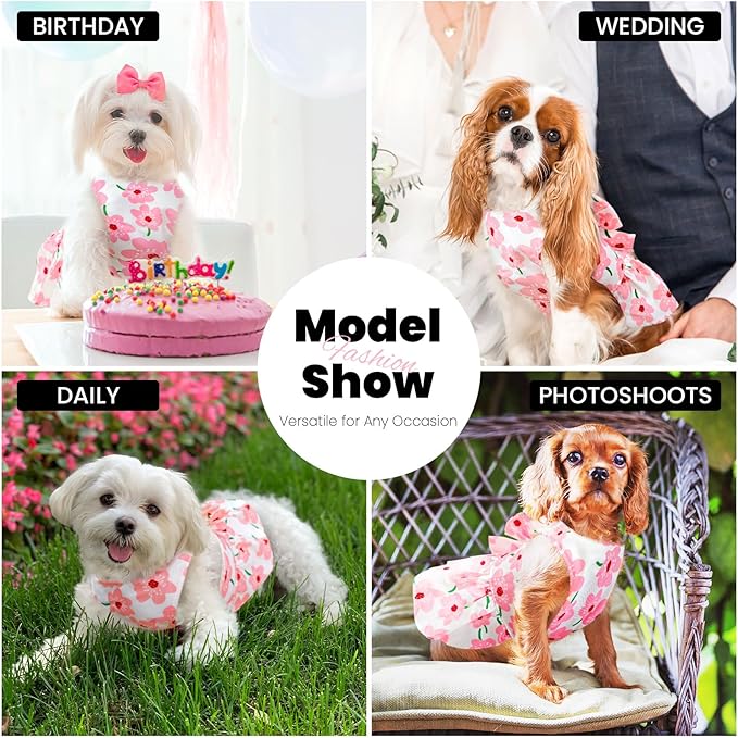 ABRRLO Cute Dog Dress Small Dog Clothes for Girls Female Puppy Outfits Pink Floral Pet Summer Clothes Bowknot Doggy Cat Princess Dress Harness Set for Holiday Birthday Party Costume Clothing (Pink,S)