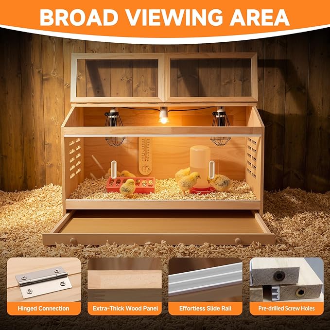 Large Drawers Brooder Box for Chicks Wooden Chicken Brooder Box, with 3 Heating Lamp,Smart Thermostat,Thermometer,Pre-Drilled Holes, 31.5 X 15.75 X 18.1 inches, Ducks, Quails, Hamsters