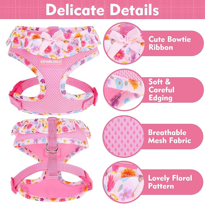EXPAWLORER Cute Dog Harness Collar Leash Set - Pink Girl Dog Harness Checkered Step-in Design, Adjustable No-Choke Lightweight Mesh Vest for Cats Puppy Small Dogs, Flower S