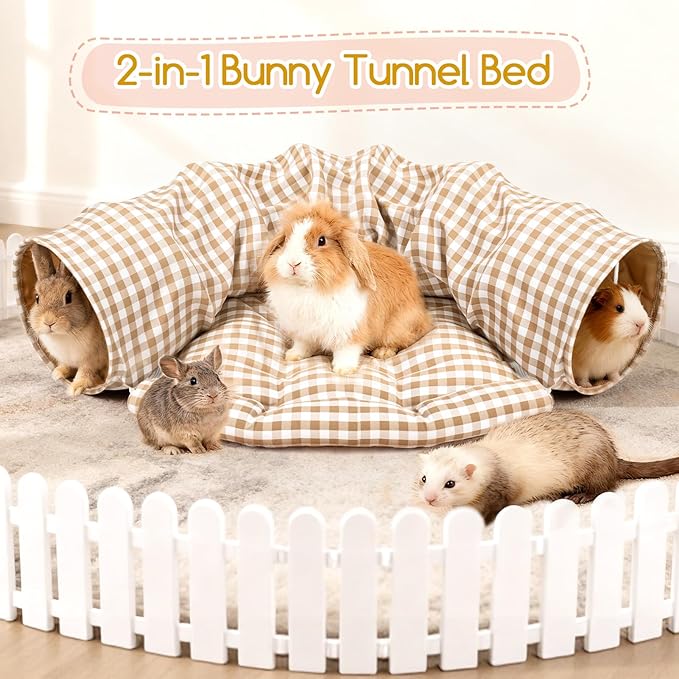 Bunny Tunnel Bed, 2-in-1 Collapsible Tunnel Tubes with Removable Cushion Bed, Cozy Bunny Hideout Rabbit Tunnel Tube Toys for Cats Kittens Rabbits Small Animals