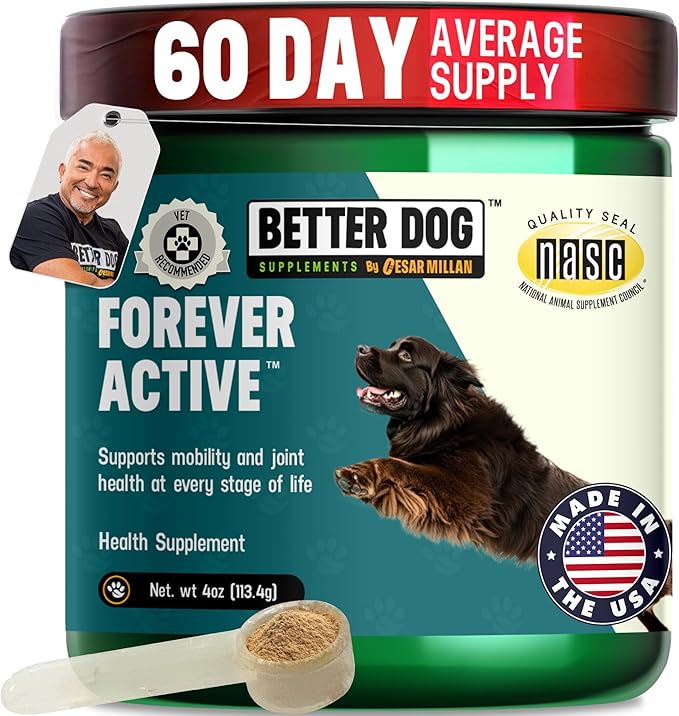 Better Dog Supplements Forever Active by Cesar Millan – Natural Dog Hip & Joint Care for Mobility, Flexibility & Comfort – Herbal Blend Dog Joint Supplement Powder – 4oz (60-Day Supply)
