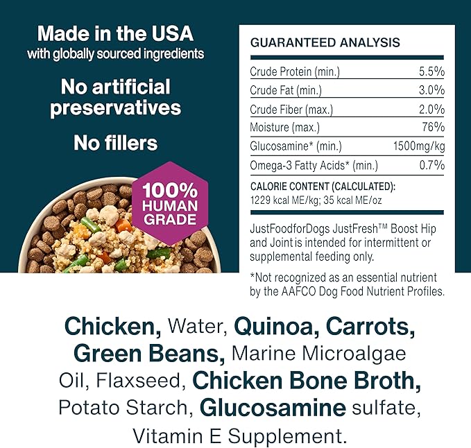 JustFoodForDogs JustFresh Boosts Hip & Joint Support Dog Food Toppers with Glucosamine to Support Hip Mobility & Joint Flexibility, Human-Grade Fresh Pet Meal Booster, 8 oz Pouches - 8 Pack