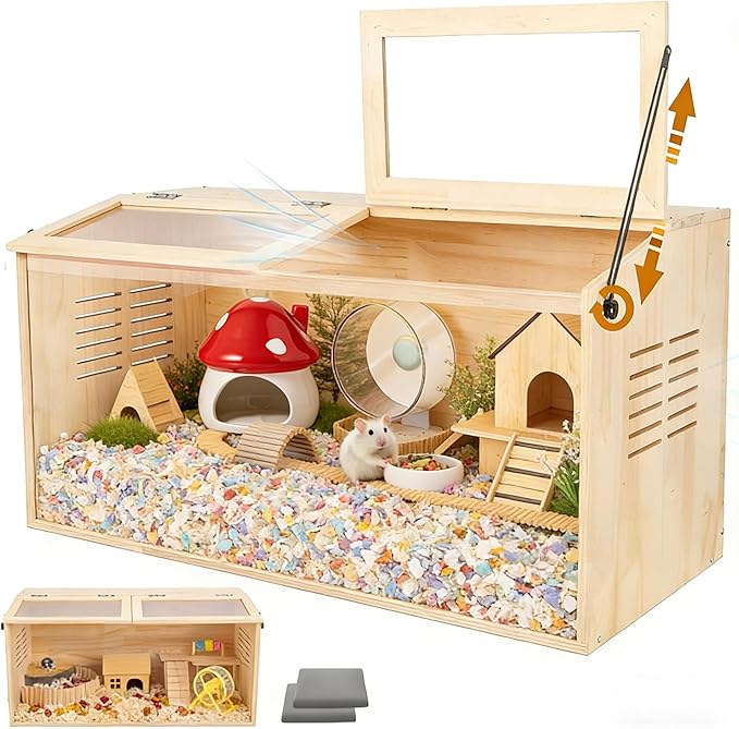 Wooden Hamster Cage,40" L x 20" W x 20" H Animal Cabinet for Dwarf Syrian Hamsters Degus, Hamster Habitat with Openable Top and Large Acrylic Sheets.