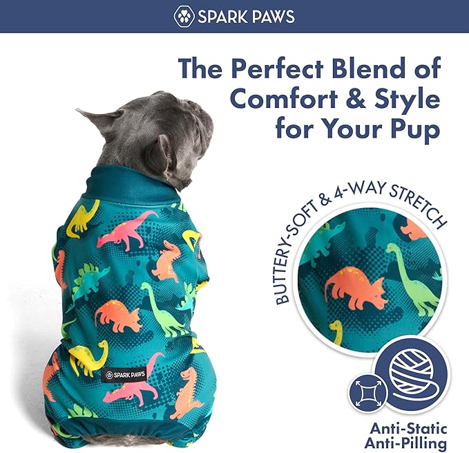 Spark Paws Dog Pajama, Dog Recovery Suit Male, Onesie, Ultra-Soft and 4-Way Stretch, for Small Medium and Large Breeds - Dinosaurs - S