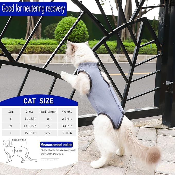 kzrfojy Cat Surgery Recovery Suit Cat Onesie for Cats After Surgery Spay Surgical Abdominal Wound Skin Diseases E-Collar Alternative Wear (Grey-Blue-S)