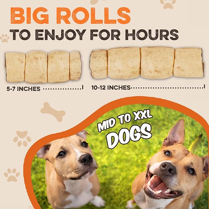 Premium Beef Cheek Rolls for Dogs 10-12" - (3-Pack), Peanut Butter Flavored Long Lasting, Safe & Natural Rawhide Alternative Chews, Ideal for Large Dogs & Aggressive Chewers, Supports Dental Health