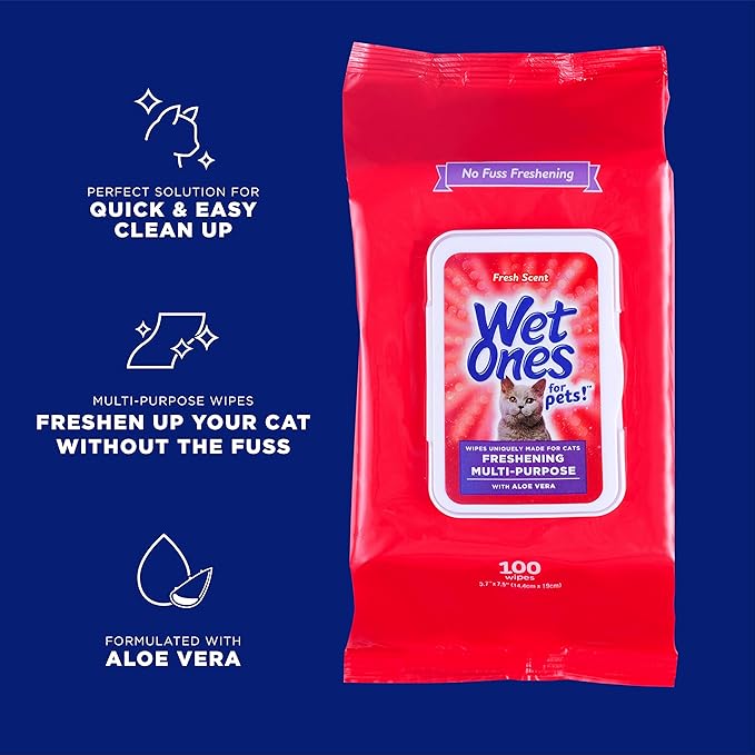 Wet Ones for Pets Freshening Multipurpose Wipes for Cats with Aloe Vera, Fresh Scent - Easy to Use Cat Cleaning Wipes for Pet Grooming, 100 Count