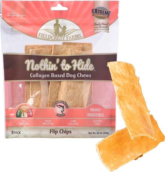 Fieldcrest Farms Nothin’ to Hide Flip Chips – Collagen-Based Rawhide Alternative Dog Chews for Moderate Chewers Up to 35 lbs, Highly Digestible, Supports Joints & Skin, Fresh Salmon Flavor, 8 Chips