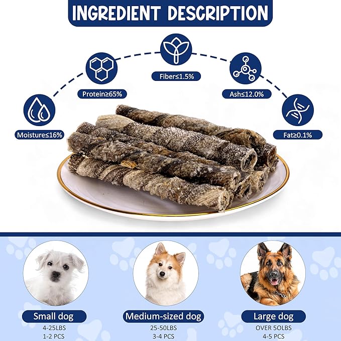 Natural Cod Skins for Dogs - Single Ingredient Dog Treats, Grain Free & Hypoallergenic - Dental Chews for Teeth Cleaning & Fresh Breath - Rich in Omega-3 for Skin & Coat Health (Cigar 5.5 oz)