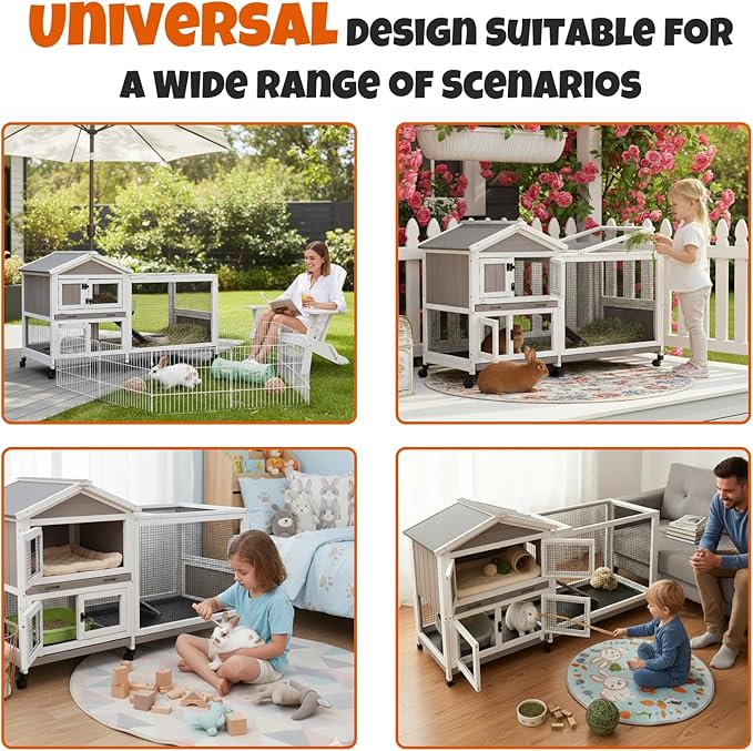 2-Story Rabbit Hutch Outdoor with Wheels, Weatherproof Indoor Bunny Cage with Anti-Chew Metal Frame Ramp, 3 Pull-Out No-Leak Trays, Waterproof Roof, Small Animals Cage
