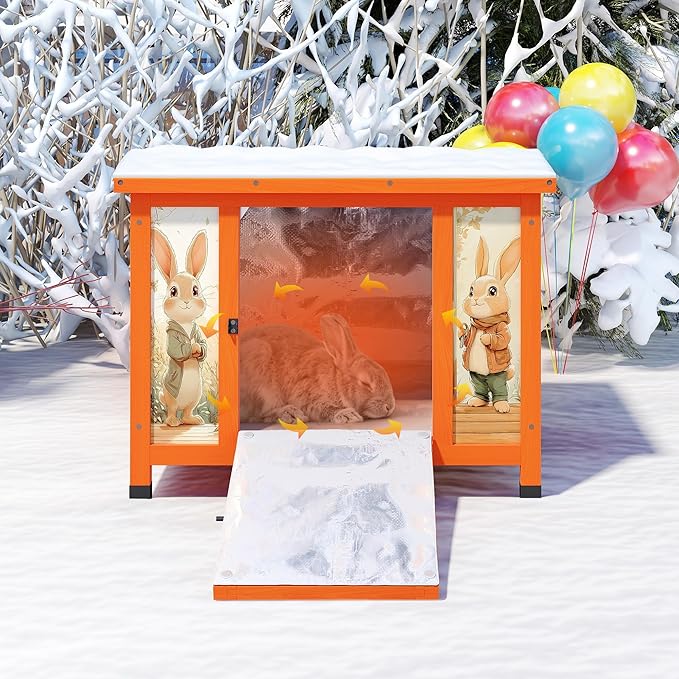 Coziwow 25" Insulated Cat House Bunny Hutch for Outdoor & Indoor Use - Solid Wood Rabbit Cage with Winter Warm Liner, Lightweight Weatherproof Shelter for Cats, Rabbits, Small Animals (Orange)