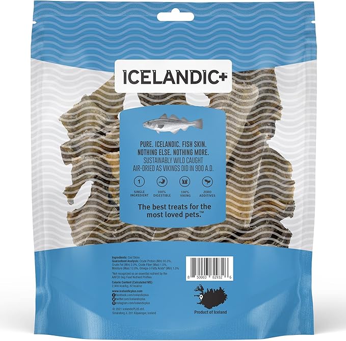 Icelandic+ Cod Skin Pieces - 8oz Bag - Pure Fish Dog Treats, Wild- Caught & Air-Dried, Single Ingredient Snacks, Pet Chews, Just The Fish Nothing Else