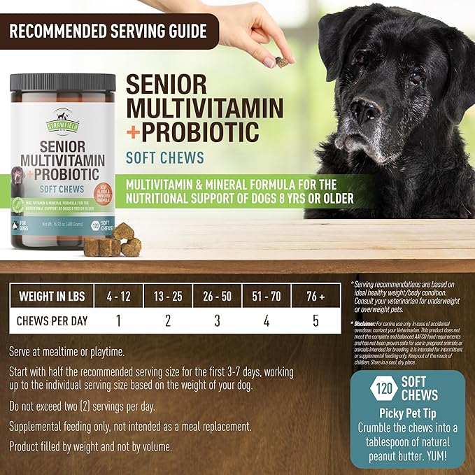 Strawfield Pets Senior Multivitamin + Probiotics for Dogs with Milk Thistle Joint Support Supplement for Dogs Bacon Flavor 120 Soft Chews