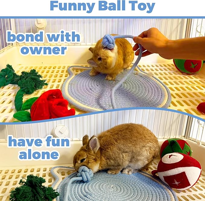 2pcs Large Rabbit Foraging Toy with Bell & Natural Rabbit Scratching Pad, Washable Puzzle Feed Game with Soft Cotton Rope Mat for Indoor Bunnies