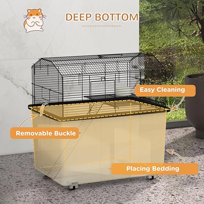 PawHut Hamster Cage, Gerbil Cage 2 Tier with Wheels, Deep Bottom, Ramp, Food Dish, Water Bottle, for Dwarf Hamster, 57 x 43 x 57cm - Black