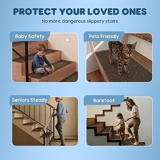 GOYLSER Peel and Stick Stair Treads with Rubber Backed Pack of 15, Jute Stair Rug Staircase Step Treads, Reusable Stair Pads Step Mats for Bare Feet, 30"x8", Light Brown