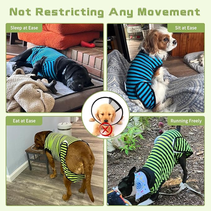 2 Packs Breathable Cotton Dog Recovery Suit for After Neuter Spay Abdominal Wounds Protector, Professional Anti-Licking Onesies for Male Female Pets Surgery Bandages, M Blue & Green Stripes